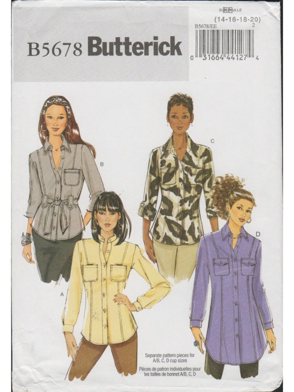 Butterick 5678 Easy Button Up Shirt, Tunic, Sash Pattern Misses Size 14-20 Uncut